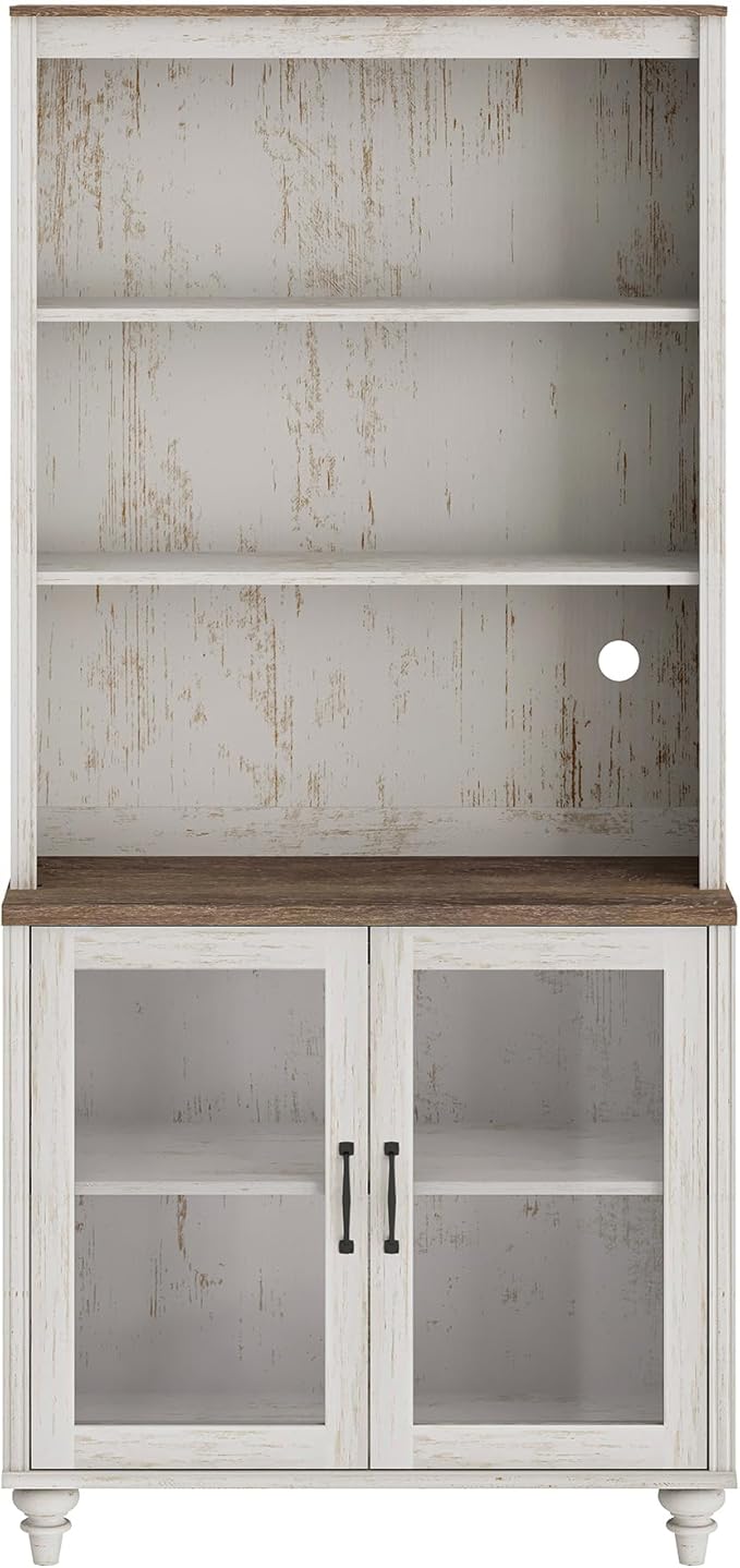 WAMPAT 5 Tier Bookshelf 72" Tall Bookcase with Glass Doors,Large Farmhouse Display Book Shelf with Adjustable Shelves and Storage Cabinet,Library Wood Bookshelves for Living Room,Kitchen, Rustic White