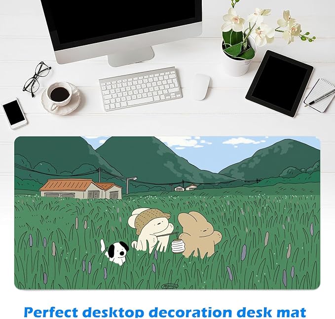 MAYCARI Cute Desk Mat Cartoon Desk Pad Mouse Pad Kawaii Large Green Rabbit Dog Gaming Mousepad XXL Laptop Keyboard Desktop Writing Pad for Girls Students 31.5"X15.7"