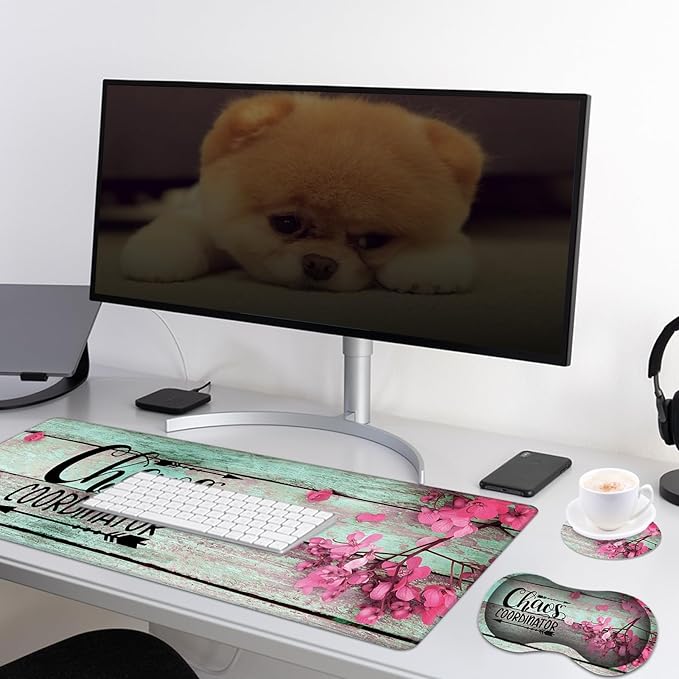 Large Gaming Mouse Pad + Wrist Rest + Coffee Coaster, Extended Waterproof Desk Mat with Stitched Edge 31.5"x11.8", Non-Slip Keyboard Desk Mat Pad for Office & Home, Quote Chaos Coordinator