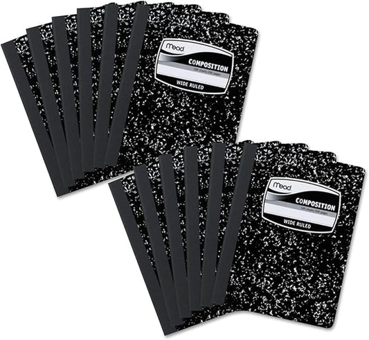 Mead Composition Notebooks, 12 Pack, Wide Ruled Paper, 9-3/4" x 7-1/2", 100 Sheets per Comp Book, Black Marble (72936)