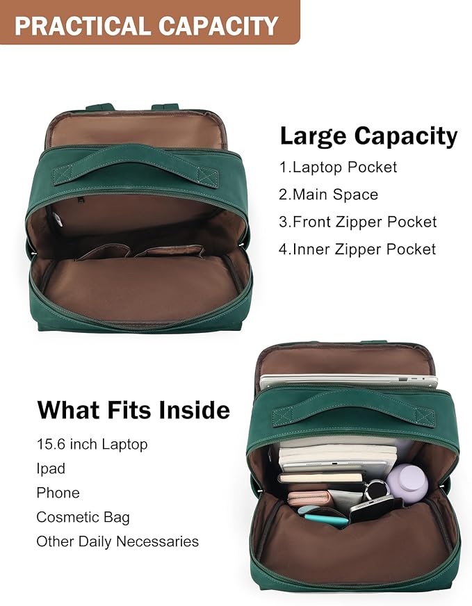 MASINTOR 15.6 inch PU Leather Laptop Backpack Purse for Women, Large College Casual Backpack Travel Bag Retro Green