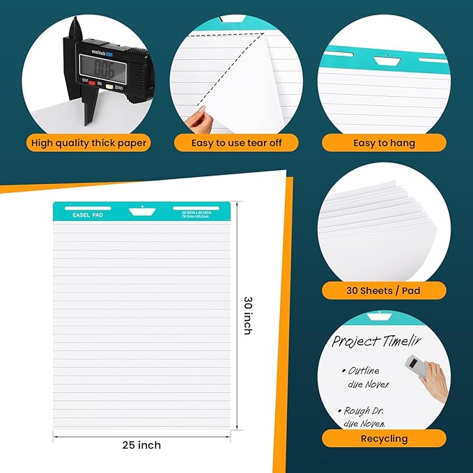OLenyer Super Sticky Easel Pad, 25x 30IN, Large Self Stick Flip Chart Paper for Office School Classroom Supplies, 30 Sheets/Pad, 10 Pads/Pack, White, Lined