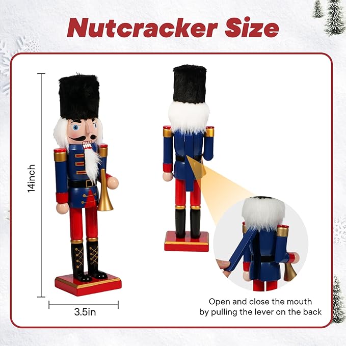 Nutcracker Christmas Decor, 14" Wooden Nutcracker Soldier Christmas Decoration Home Mantle Table Fireplace Christmas Ornaments for Festival Party(14" Black Fur Hat Horn Nutcracker)