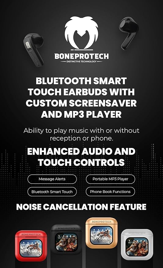 Bluetooth Smart Touch Earbuds, Customizable Screen Saver, MP3 Player, Control Social Media, Calls, messeging, ENC Noise Reduction, Built-in mic, Advanced V5.3 Technologies (Black)