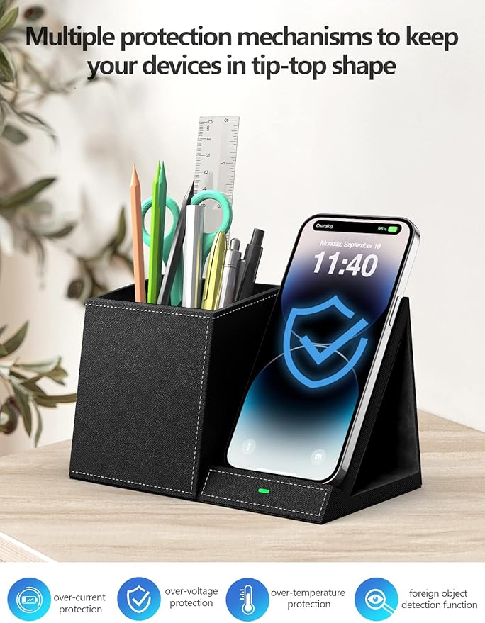 Pen Holder with Wireless Charger, Compatible with iPhone 17/16/15/14/13/12/11/8 Series, Pencil Holder Phone Stand for Desk Home Office, Men Gift Husband Wife Anniversary Dad Birthday Idea Gadget