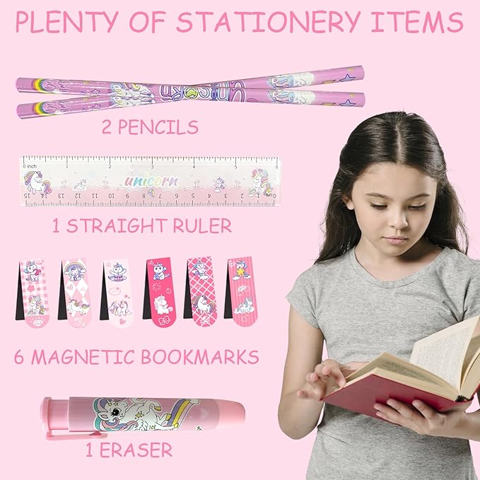 Unicorn cute School Supplies Kawaii Stationery Present Set , Including Ballpoint Pens, Pencil Case, ID Badge Holder, Stickers, Key Chain, A5 Notebook, Bookmark, Eraser, Ruler for Girls Teens