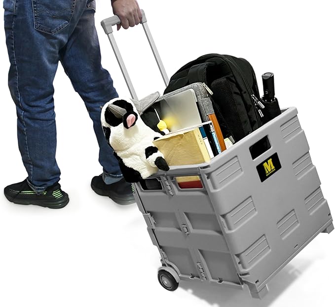 MaxWorks 50876 Collapsible Gray Rolling Folding Dolly Grocery Cart - Multi-Functional Teacher Dolly with Extra Storage, Durable Wheels, and Easy-to-Fold Design for Classroom, Office, Shopping