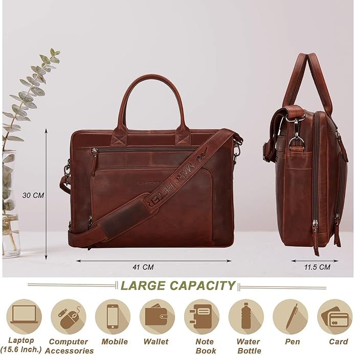 Marc Peter Hamilton Real Leather Business Bag for Men and Women | 15.6 inch Laptop Bag | Shoulder Bag for Men