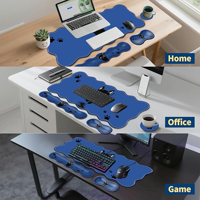 4-Piece XXL Gaming Mouse Pad Set (31.5"x11.8") with Keyboard Wrist Rest,Mouse Wrist Support & Coaster,Ergonomic Non-Slip Desk Mat for Office & Home,Cute Black Cat