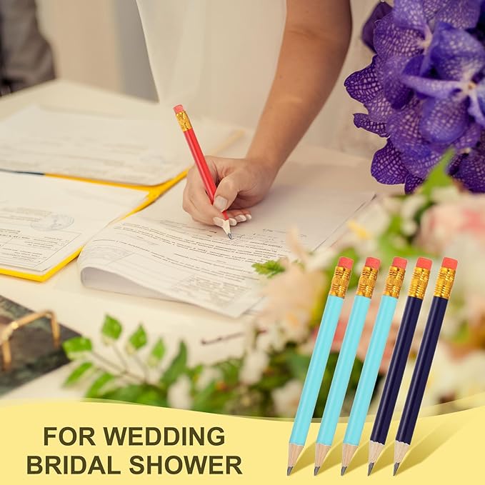 MECCANIXITY Golf Pencils with Erasers, 4" HB Mini Half Pencils Pre Sharpened Small Pens for Wedding Bridal Shower Game Office Writing Drawing(Blue/Dark Blue, Pack of 50)