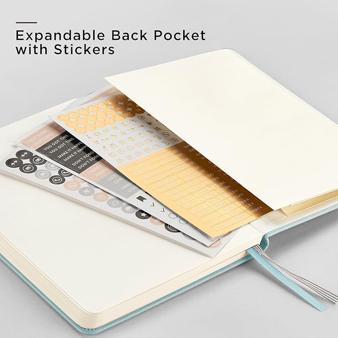 &And Per Se Dotted Journal Notebook, A5 Hardcover Leather Bullet Dotted Journal, 160 Pages 100 gsm Thick Paper, 3 Sheets of Stickers Included- 5.7'' x 8''(Cyan)