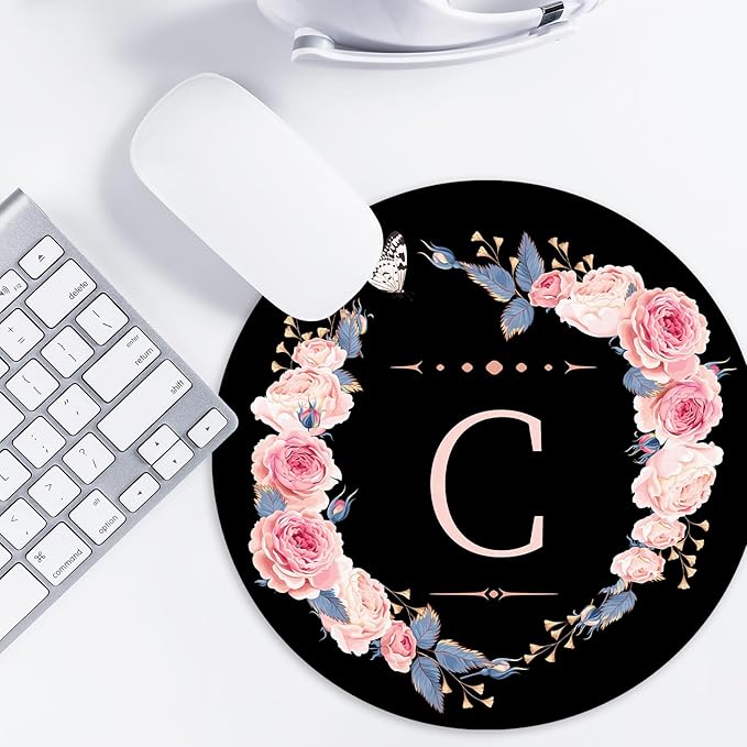 Letter C Black and Pink Flowers Round Mouse Pad, Funny Small Mouse with Non-Slip Rubber Base, Home Office Decor Desk Accessory, 8.7inch Round