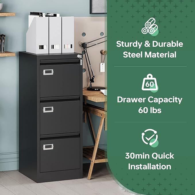 Letaya 3 Drawer File Cabinet with Lock,Metal Office Filing Cabinets for Home Office- Storage A4/F4/Letter/Legal -Assembly Required (Black)