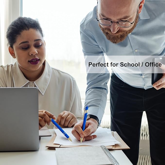 LINFANC 12 Pack Blue Gold Ballpoint Pen with Stylus Tip, 1.0 mm Black Ink Smooth Writing Pens, Metal Stylus Pens for Touch Screens