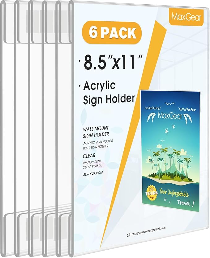 MaxGear Acrylic Sign Holder 8.5 x 11 inch 6 Pack, Wall Mount Sign Holder with Double-Sided Tape, Clear Plastic Sign Holders, Document Flyer Acrylic Picture Frame for Office, Home, Store