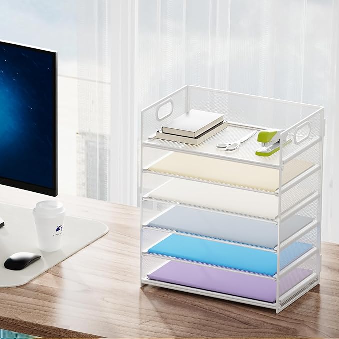 Marbrasse 6 Tier Paper Organizer - Mesh Desk File Holder with Handle, Letter/A4 Paper Sorter - White