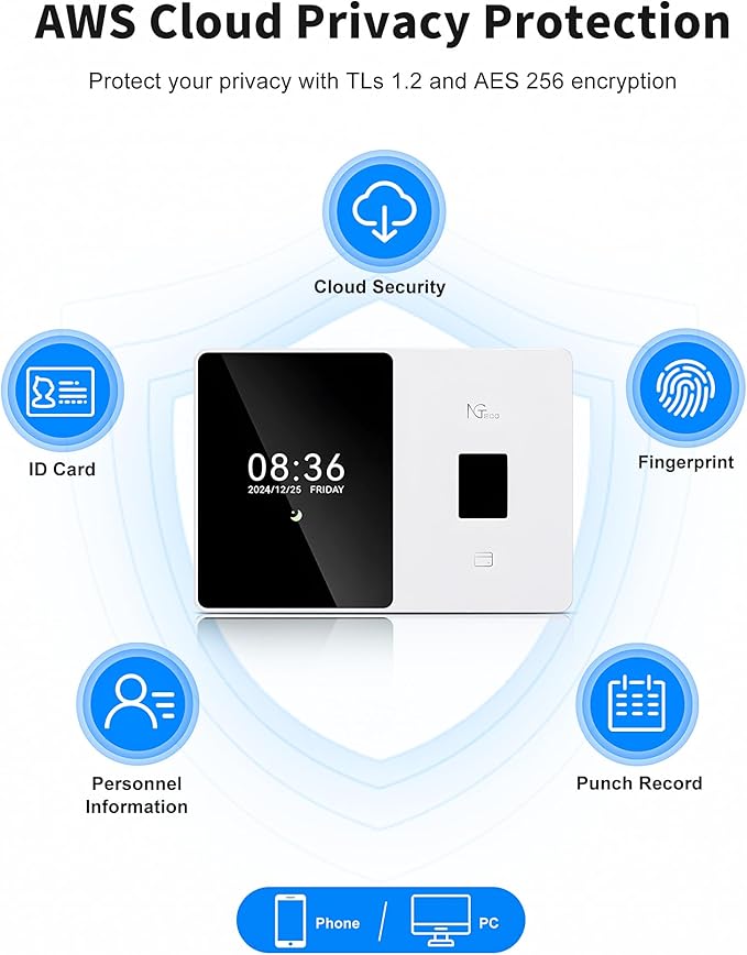 NGTeco Cloud Time Clock - 5GHz WiFi Time Clocks for Employees Small Business, Upgraded TC2 Fingerprint Time Clock Punch Machine with Remote Control Software & iOS/Android App (0 Monthly Fee)