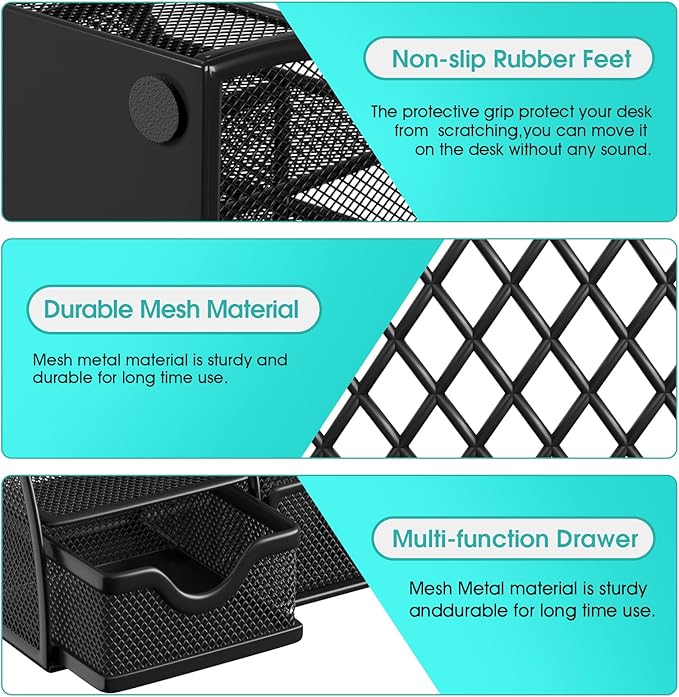 MaxGear Office Desk Organizer - 6 Compartment Pen Holder & Drawer, Metal Mesh Desktop Organizer with Non-Slip EVA Pad, Black Desk Caddy, 8.7" x 5.5" x 5"