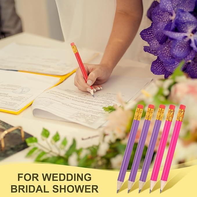 MECCANIXITY Golf Pencils with Erasers, 4" HB Mini Half Pencils Pre Sharpened Small Pens for Wedding Bridal Shower Game Office Writing Drawing(Purple/Rose Red, Pack of 50)