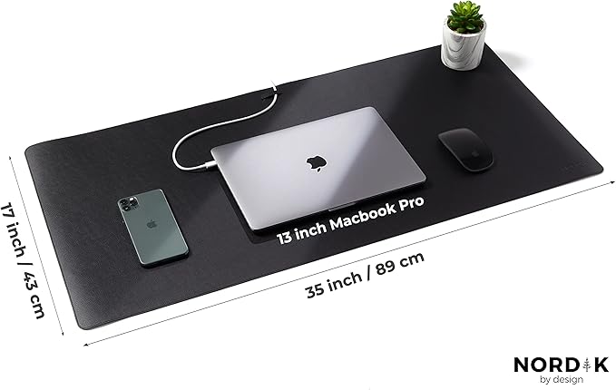 Nordik Leather Desk Mat Cable Organizer - Pebble Black 35 X 17 inch - Premium Mouse Mat - Felt Vegan Leather Desk Pad Protector - Desk Blotter Matt Keyboard - Large Desk Matt for Desktop Computer