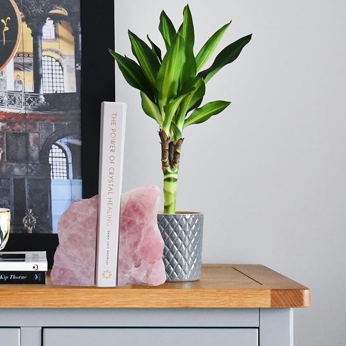 Natural Rose Quartz Bookends with Rubber Feet 3-4Lbs Heavy Duty Non-Slip Pink Crystal Bookends | Raw & Polished Stone | Healing Office Decor Gift