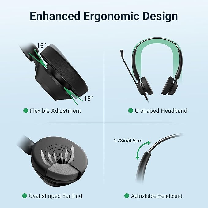 Lightweight Wired Headset with Microphone for PC, USB Headset with Noise Canceling Mic & in-line Control for Meetings, Computer Headset for Work, Office, WFH, Teams, Zoom, 3.5mm/USB-A