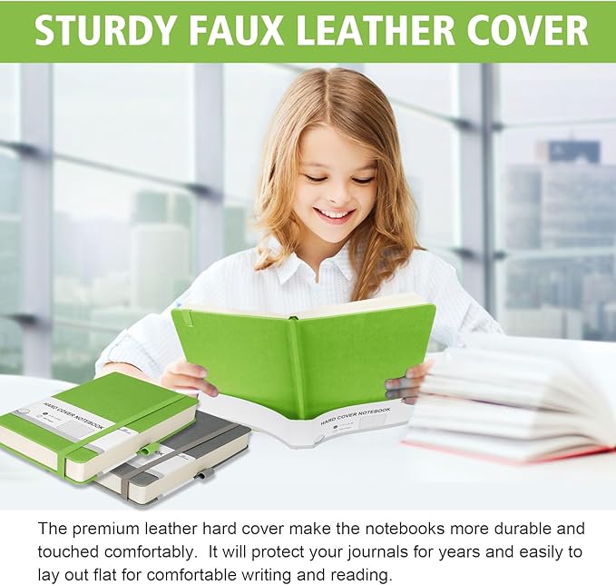 Lined Journal Notebook, 360 Numbered Pages(With page number), Thick Journal for Writing A5 College Ruled Notebook, 100gsm Lined Paper, Leather Hardcover, 5.75'' X 8.38''-1 Pack, Grass Green