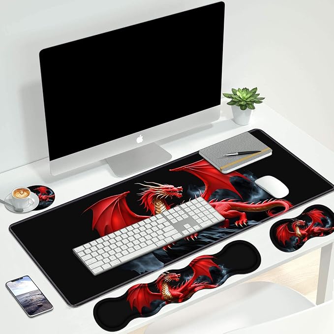 4 in 1 Ergonomic Keyboard Wrist Rest & Mouse Pad Wrist Rest Set, Large XXL Gaming Desk Mat 31.5"x 11.8" with Non-Slip Base, Memory Foam for Home Office Study Gaming, Red Dragon