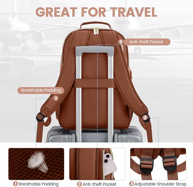 LOVEVOOK Leather Backpack for Women,15.6 inch Leather Laptop Backpack Women Computer Backpack Laptop Bag,Stylish Quilted Travel Backpack Purse Work Bag College Teacher Backpack with USB Port,Brown
