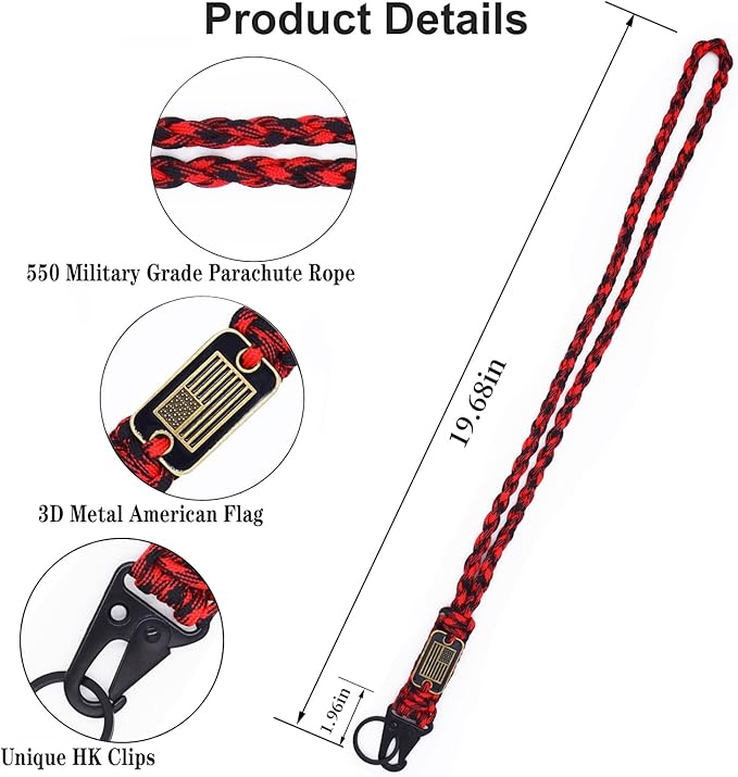 2 Pcs Heavy Duty Braided Paracord Lanyard Keychain with USA Flag, Parachute Rope Necklace Keychains, Braided Strong Lanyard for Outdoor Activities, Camera, Keys, Whistle, Traveling