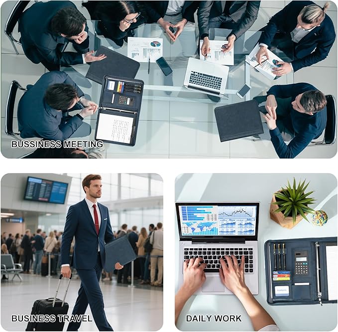 Leathario Portfolio Binder, 3-Ring Folder Organizer, Includes 5 Sheet Protectors and a Pen, Vegan Leather A4 Padfolio for Tablets, Business Conferences Professional Document Organizer, Office Supplies