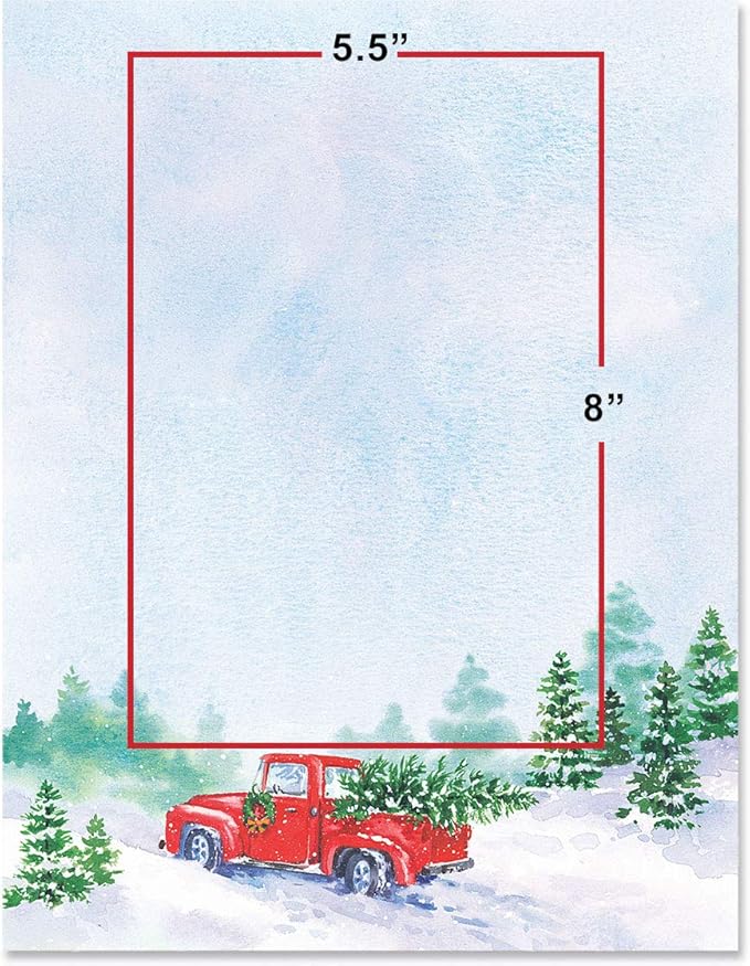 PaperDirect Vintage Holiday Cheer Border Paper, Snowy Hills with Pine Trees and Red Truck Carrying Christmas Tree, 8.5 x 11, Acid-Free, Ideal for Holiday Invitations, Cards, 100 Sheets