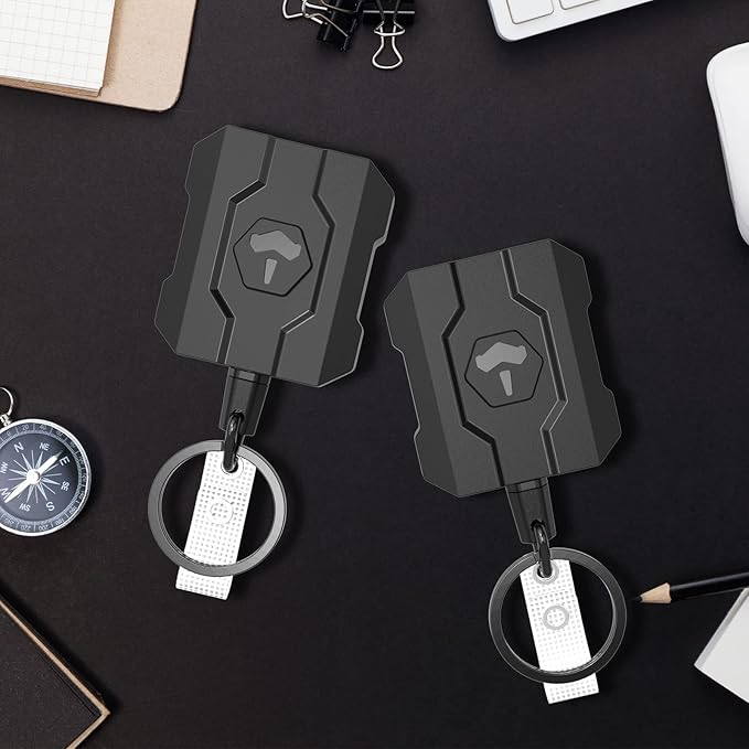 Retractable Keychain Badge Holder with Belt Clip, Heavy Duty Carabiner ID Badge Clip Reel, 32” Steel Retractable Cord, 10 oz Rebound,1pcs Black Belt Clip