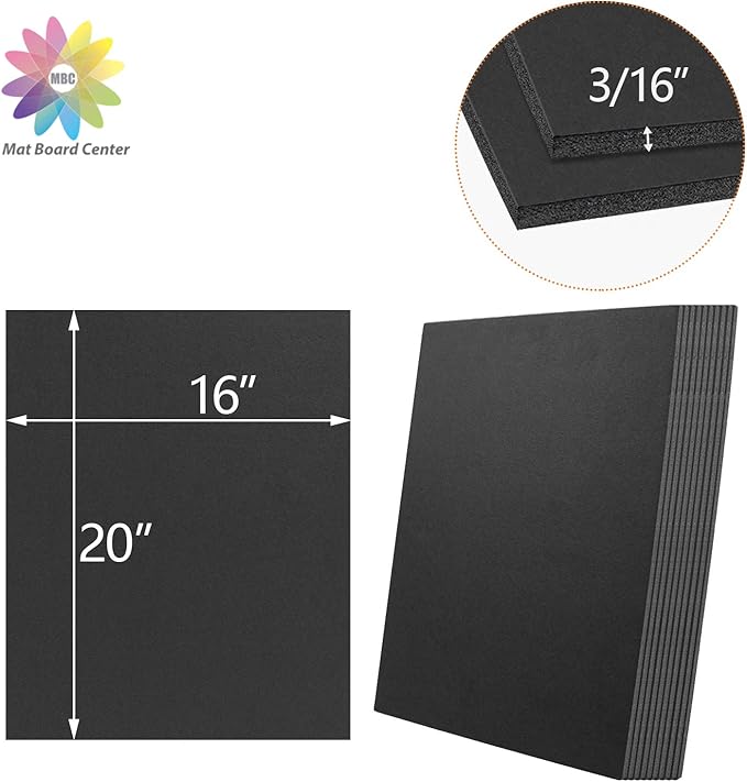 Mat Board Center, Pack of 10 Acid-Free Foam Boards, 16x20 inch Black Foam Boards, 3/16" Thick