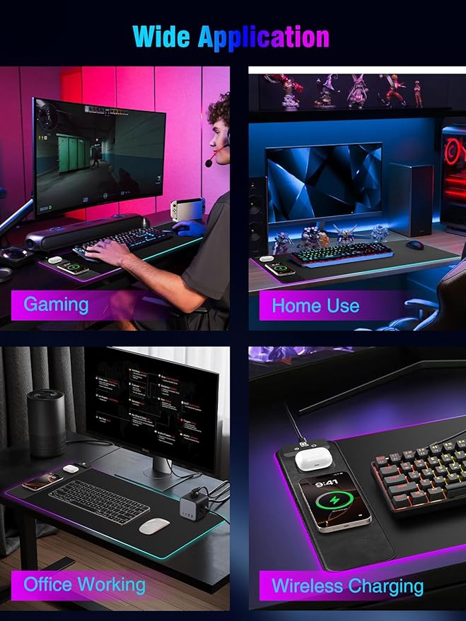 Mouse Pad with Magnetic Wireless Charging, Large Desk Pad Protector, RGB Black Mousepad Desk Mat with 15W Fast Charger, 4mm Thick Non-Slip, Waterproof Laptop Writing Pad for Office, Home, Gaming