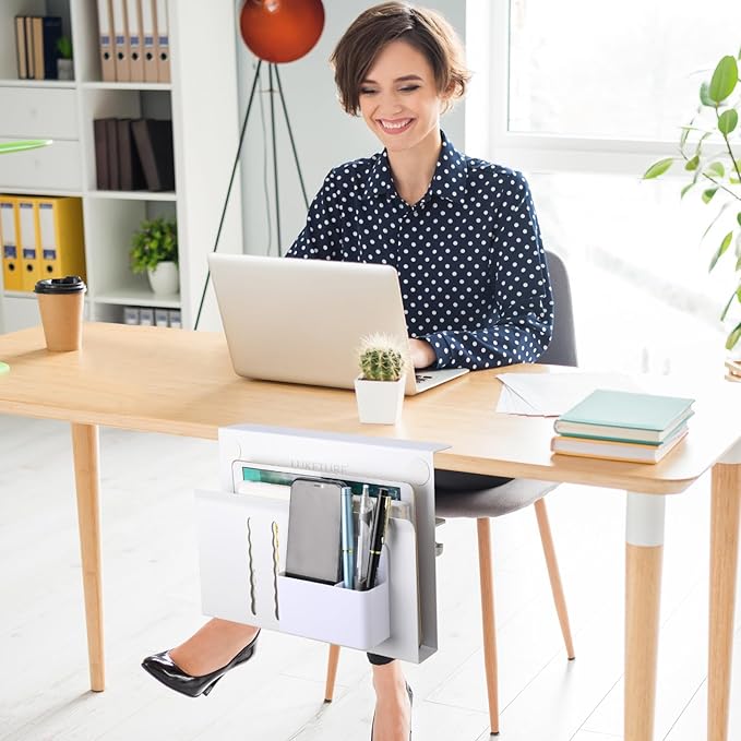 LUKETURE Desk Side Storage, Steel Side Desk Organizer, No Drill Laptop Holder, Clamp on Laptop Mount with Pen Holder, Table Hanging Storage for Home Office, Fits Flat Edge Tables 0.3" to 2.8"