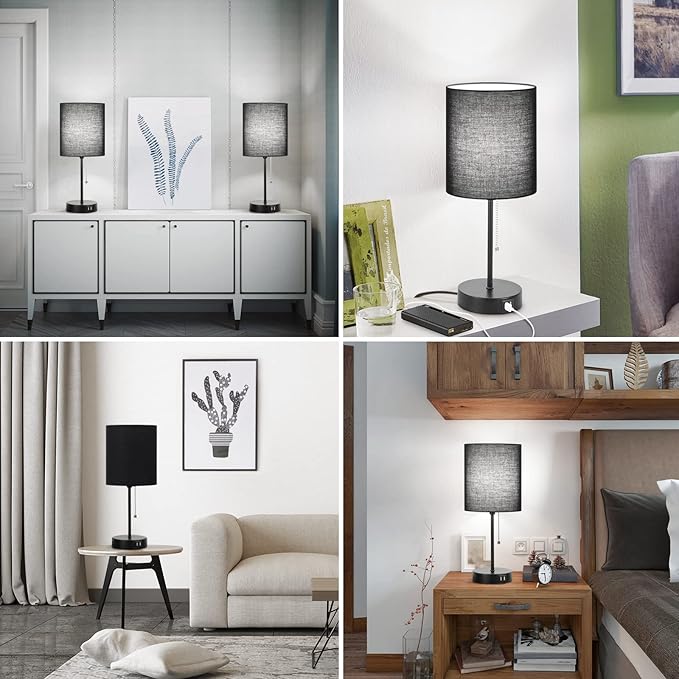 Table Lamps Set of 2 with USB Charging Ports, Black Bedside Lamps with AC Outlet, Nightstand Lamps with Pull Chain Switch, Minimalist Modern Desk Lamps with Fabric Shade for Living Room Bedroom Office