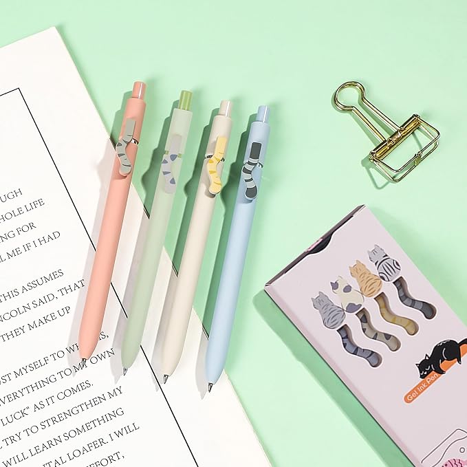 VICO Cat Gel Pens - 4 Pcs 0.5mm Quick Dry Black Ink Pen, Fine Point Smooth Writing Pens, Aesthetic Cute Kawaii Pen for School & Ofiice, Stationery for Cat Lovers