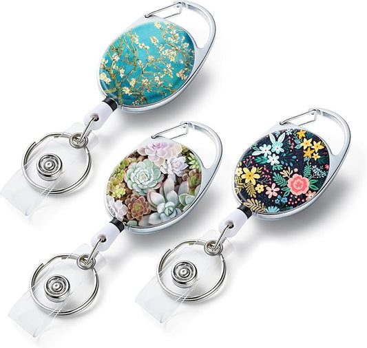 3 Pack Badge Reels Retractable,Double Sided Color Print Pattern Retractable Badge Holders,with Retractable Keychain, Badge Clip and Key Ring,Durable Nylon Retractable Rope