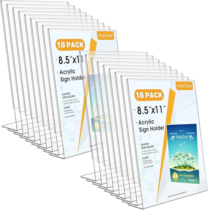 MaxGear Acrylic Sign Holder 8.5 X 11 inches Slant Back Sign Holder Clear Sign Display Holder Plastic Display Stands Table Sign Display Holder for Office, Home, Store, Restaurant - Vertical, 18 Pack