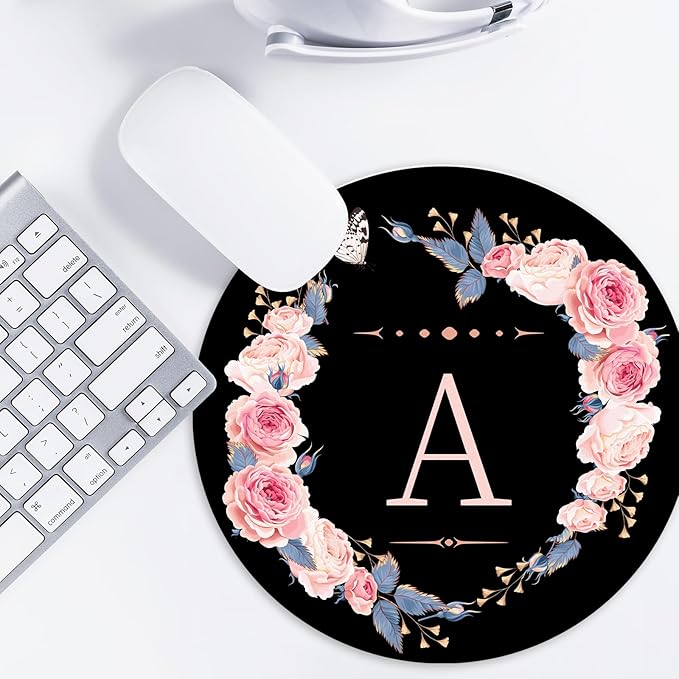Letter A Black and Pink Flowers Round Mouse Pad,Funny Small Mouse Pad with Non-Slip Rubber Base,Mouse Mat,Home Office Decor Desk Accessories,8.7inch Round Mouse Pad