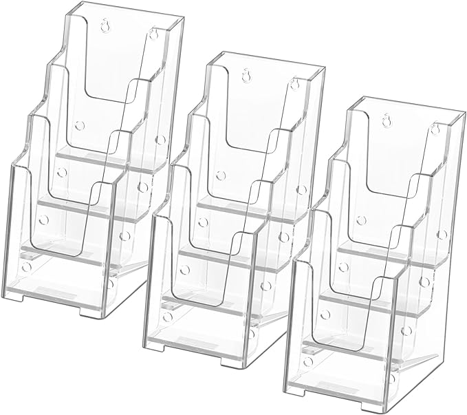 MaxGear Acrylic Brochure Holder, 4-Inch Wide 4 Tier Clear Literature Holder Premium Acrylic Pamphlet Holder Multi Pocket Brochure Display Stand, Wall Mount or Counter Top Use(3 Pack)