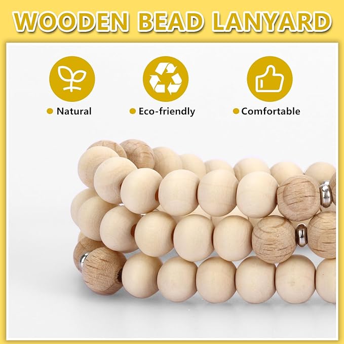 Teacher Lanyard with Id Holder, Cute Lanyards for Id Badges Keys, Retractable Natural Wooden Beaded Lanyard for Women, Stylish