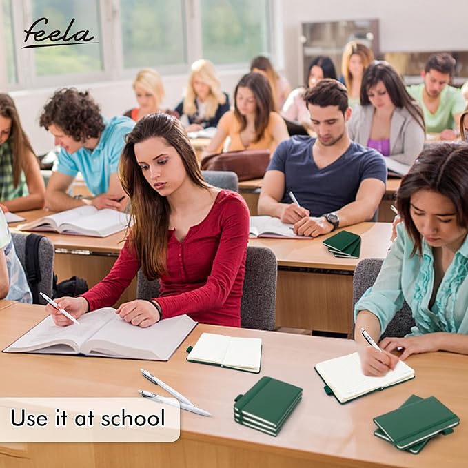 feela 6 Pack Pocket Mini Notebooks Bulk, Small Cute Memo Notepads Hardcover College Ruled Lined Journals with Pen Holder for School Business Work, with 6 Black Pens, 3.5”x 5.5”, A6, Dark Green