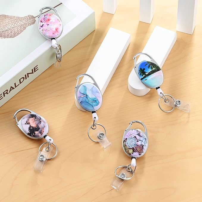 Bone Retractable Badge Reels - Double Sided Color Print Pattern Holders with Keychain, Clip and Key Ring - Durable Nylon Rope