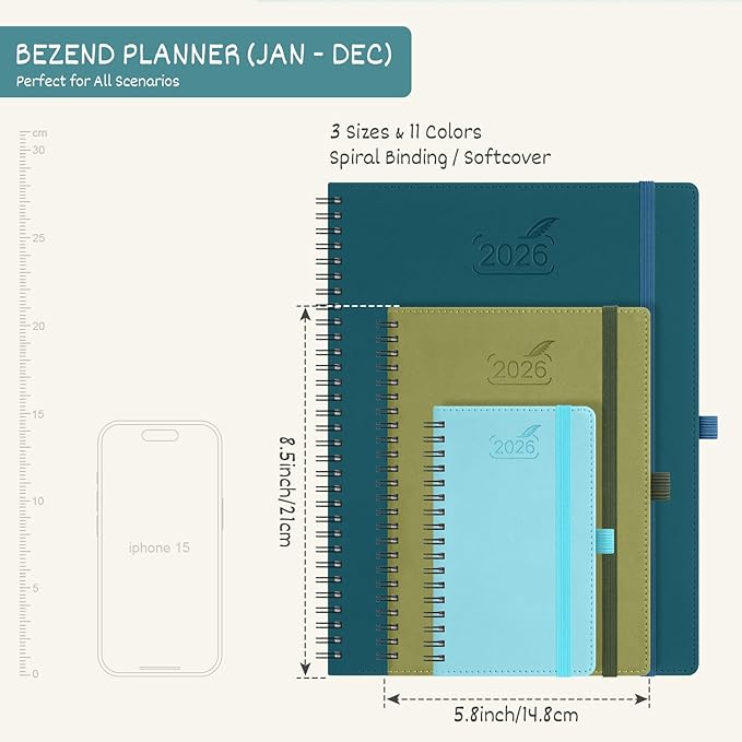 BEZEND 2026 Planner Weekly and Monthly (6" x 8.5" Spiral) Daily Calendar with Half-Hourly Timeslots & Tabs (Jan-Dec) Note & Expenses, Pen Holder, Inner Pocket, Vegan Leather Softcover - Cornflower