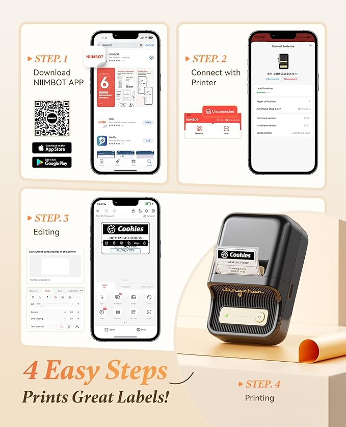 NIIMBOT B21 Inkless Label Maker, Portable Thermal Label Printer for Clothing, Address, Business, Compatible with iOS & Android, with 1 Pack 50x30mm White Label, Black