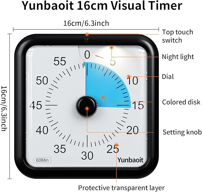 Yunbaoit 16cm Classroom Visual Timer with Optional Alert Modes, 60 Minute Oversize Visual Countdown Timer for Kids and Adults, Silent Magnetic Kitchen Timer with Kickstand(Black Blue)