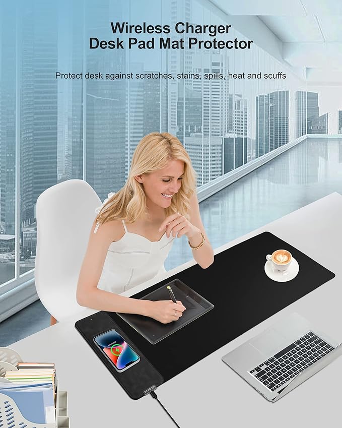 Mouse Pad with Wireless Charging, Black Mousepad Long Desk Mat, Large Gaming Mouse Pad, Soft Mouse Pad Gaming Desk Pad with Non-Slip Rubber Base, Extended Computer Keyboard Mat Office Mice Pad