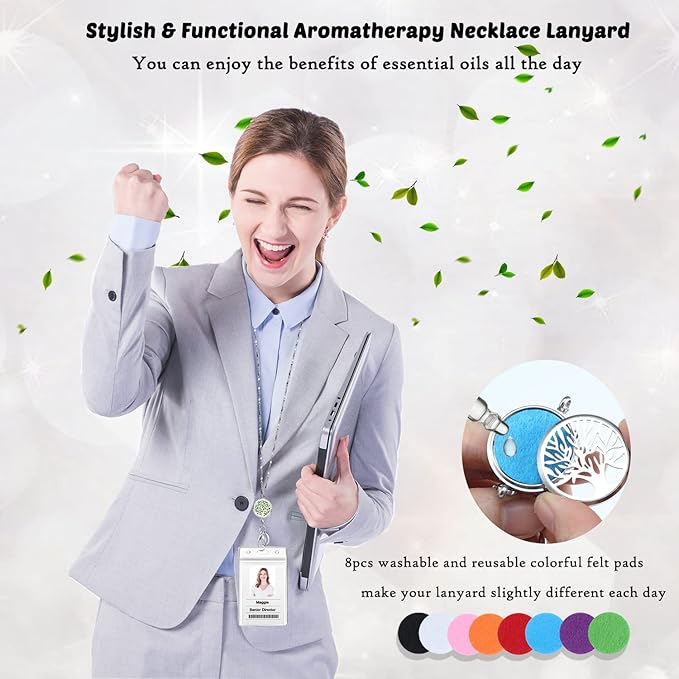 Lanyards for ID Badges and Keys, ID Badge Holder with Lanyard Stainless Steel Keychain Diffuser Necklace Lanyard Badge Lanyards for Women Teacher Nurse Student Office Work Jewelry Family Tree